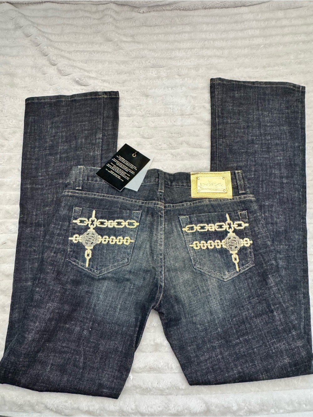 bebe Dark Blue Flare Jeans with Gold Embroidered Back Pockets